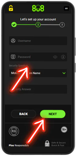888 Casino username, password and secret question setup step