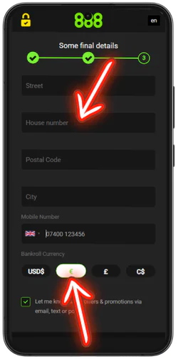 888 Casino address, phone number and currency entry step