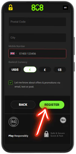 888 Casino green Register button below the form
