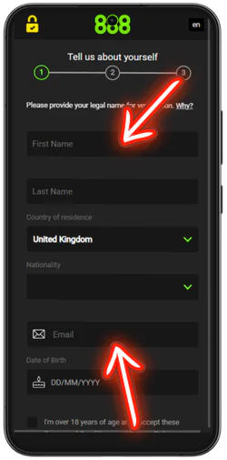 888 Casino first registration step form fields
