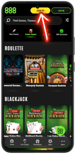 888 Casino yellow Sign Up button on the homepage