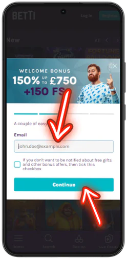 Betti Casino email entry step during registration