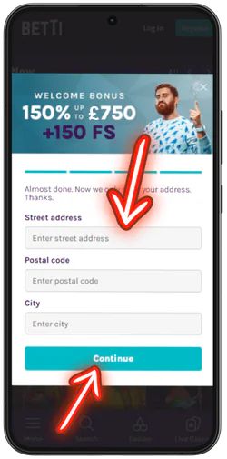 Betti Casino address and postcode entry step