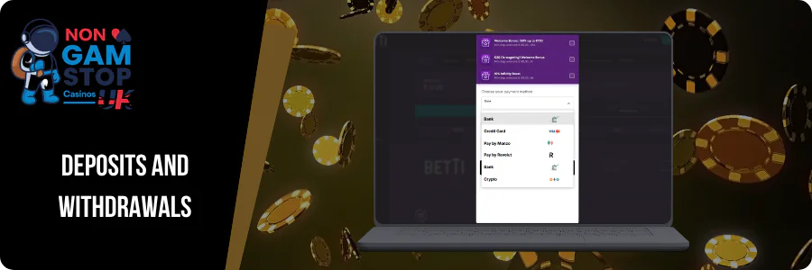 Betti Casino payment options including cards, e-wallets and crypto