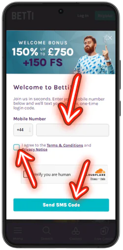 Betti Casino mobile number entry with Send SMS Code button