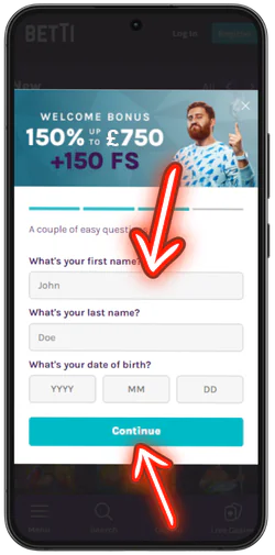 Betti Casino personal details form with name and date of birth