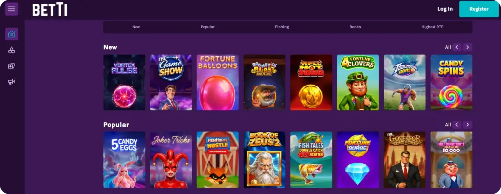 Game lobby on Betti Casino