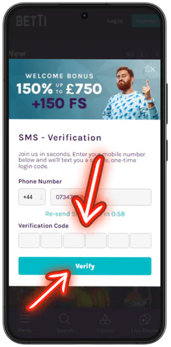Betti Casino SMS code verification screen