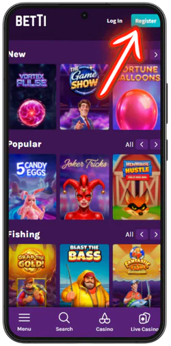 Betti Casino Register button on the official website