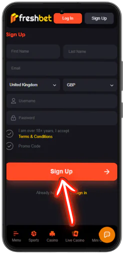 Freshbet Casino orange Sign Up button below the form