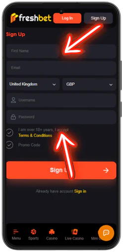 Freshbet Casino registration form with all fields