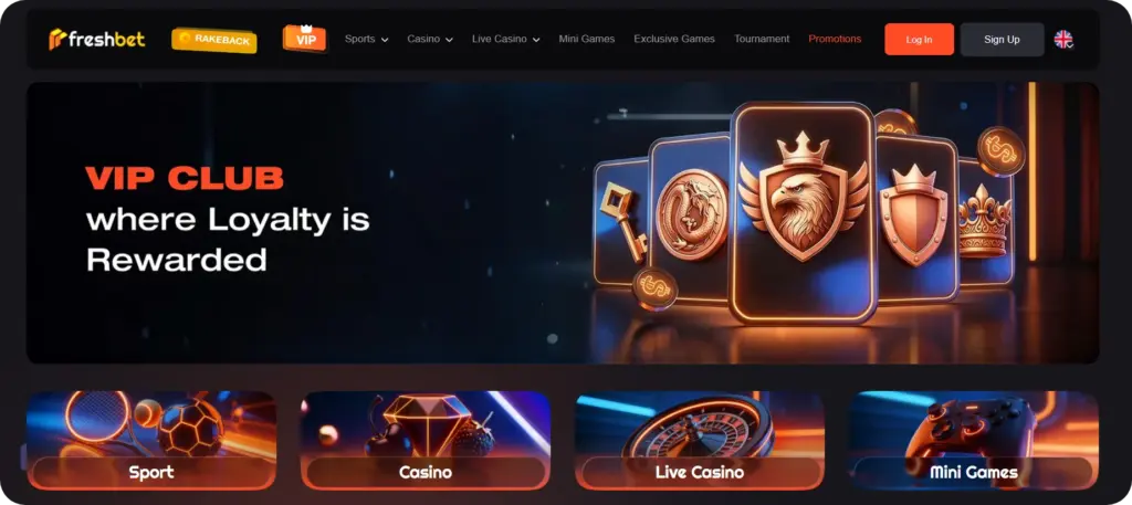 First screen homepage Freshbet Casino