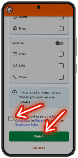 LeoVegas Casino rules checkbox and Finish button