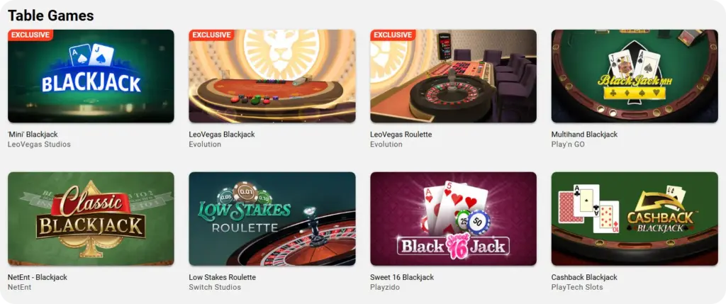 LeoVegas Casino table games selection