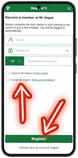 Mr. Vegas Casino first registration step with email and password fields