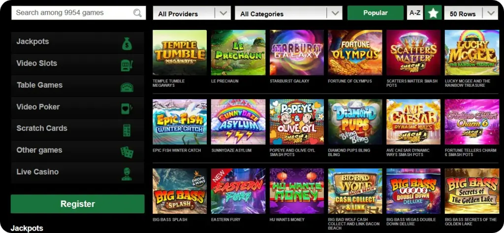 Game lobby on Mr. Vegas Casino