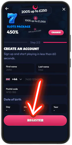 Seven Casino final registration step with Register button