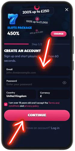 Seven Casino first registration step with email, country and currency fields