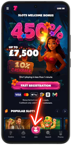 Seven Casino pink Join button on the official website